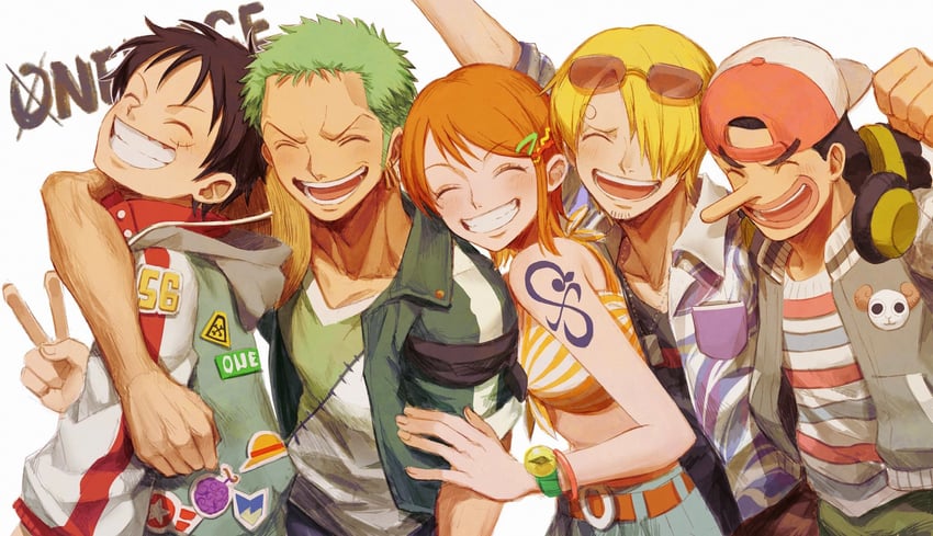 nami, monkey d. luffy, roronoa zoro, sanji, usopp, and 1 more (one piece) drawn by oekakiboya