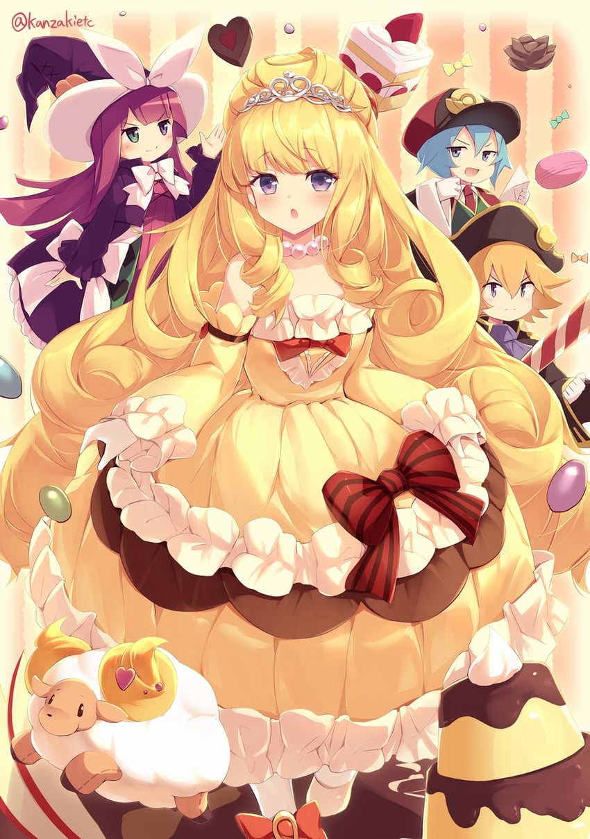 madolche puddingcess, madolche magileine, madolche messengelato, madolche chouxvalier, and madolche baaple (yu-gi-oh!) drawn by kanzakietc
