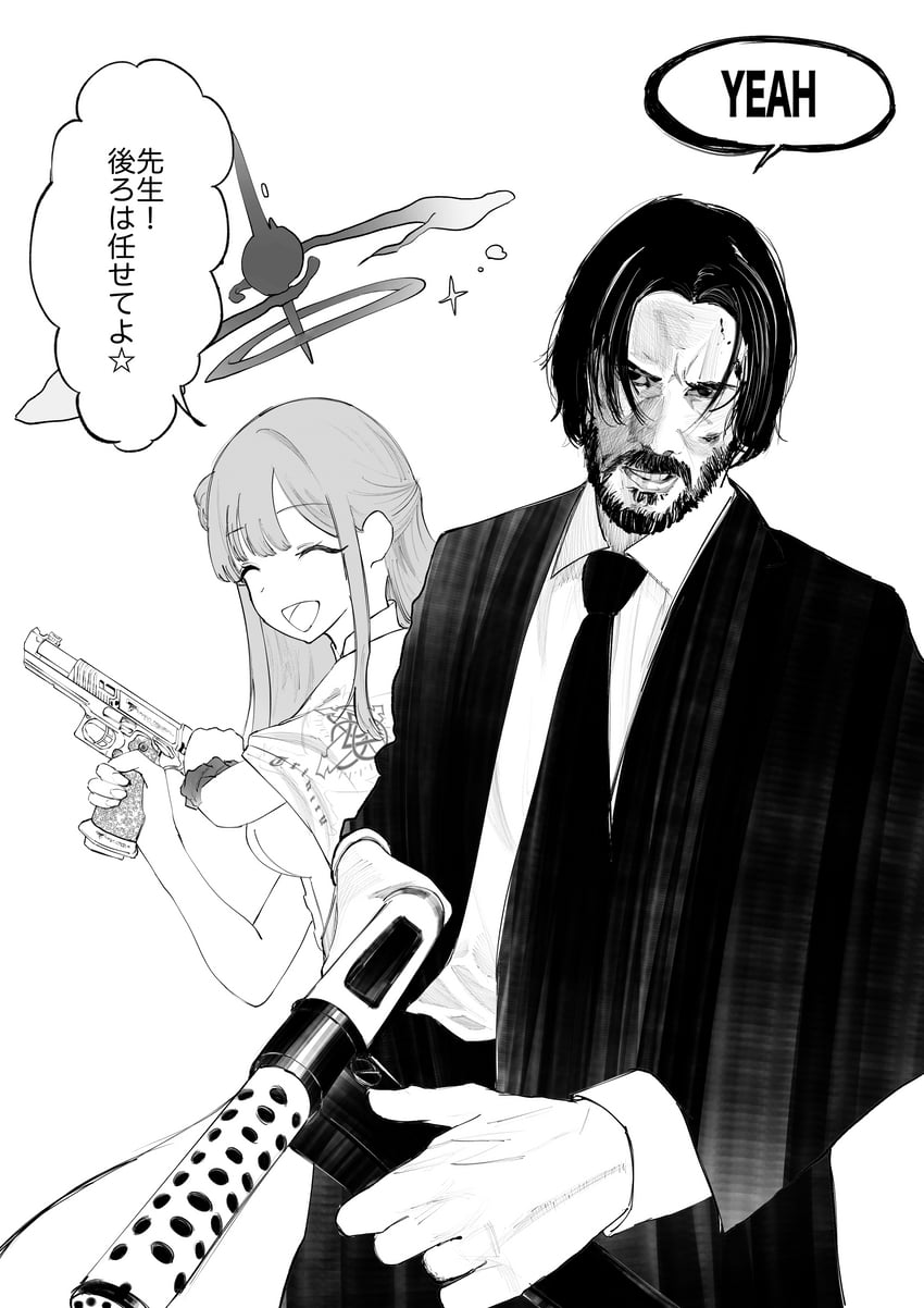 sensei, mika, john wick, and keanu reeves (blue archive and 1 more) drawn by hakai_(fgzr2275)