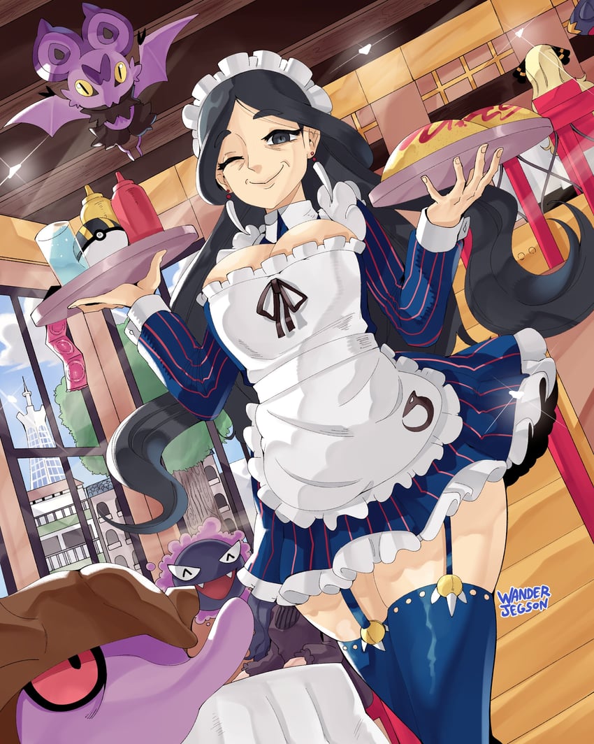 cynthia, hex maniac, garchomp, gastly, noibat, and 2 more (pokemon and 1 more) drawn by wanderjegson