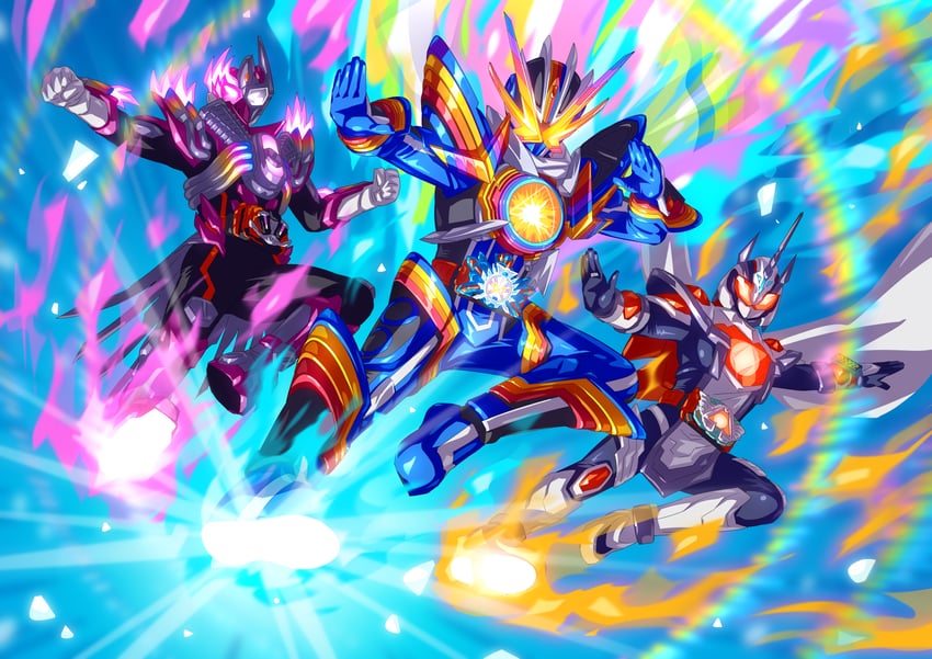 kamen rider gotchard, kamen rider majade, kamen rider valvarad, hopper 1, kamen rider rainbow gotchard, and 1 more (kamen rider and 1 more) drawn by otokamu