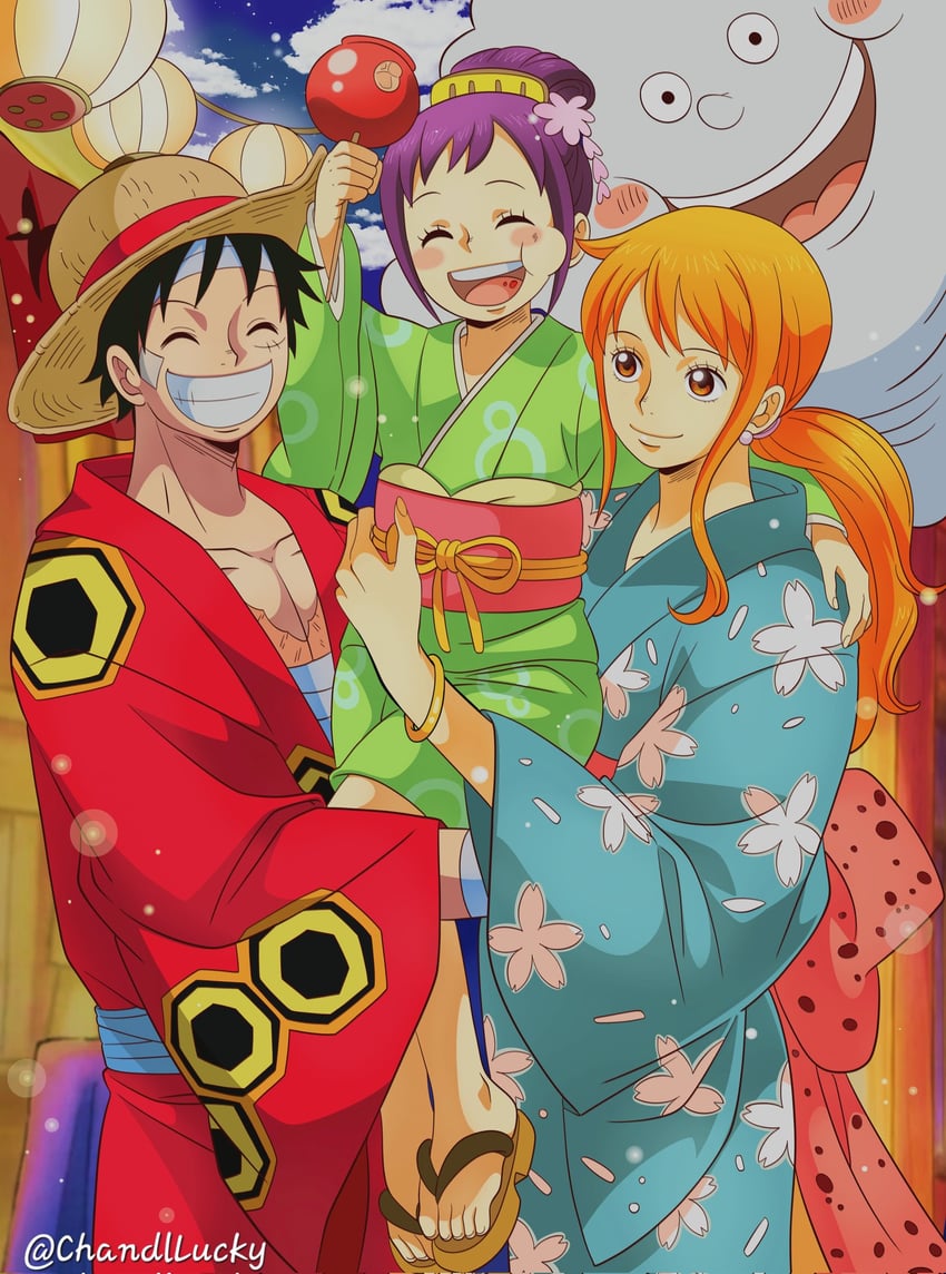 nami, monkey d. luffy, kurozumi tama, and zeus (one piece) drawn by chandllucky