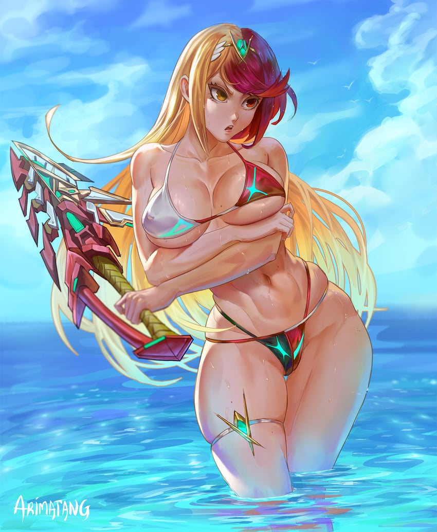 pyra and mythra (xenoblade chronicles and 1 more) drawn by arimatang