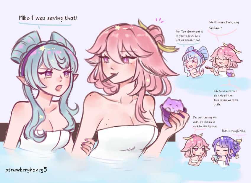 raiden shogun, yae miko, and yumemizuki mizuki (genshin impact) drawn by strawberyhoney5