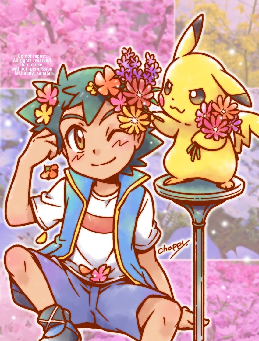 pikachu and ash ketchum (pokemon and 1 more) drawn by chappy_(kanata218)