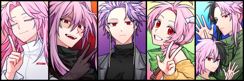 hatsutori hajime, theodore riddle, nijou ryuu, mutsushika misumi, nanami izu, and 1 more (saibou shinkyoku) drawn by sukihome