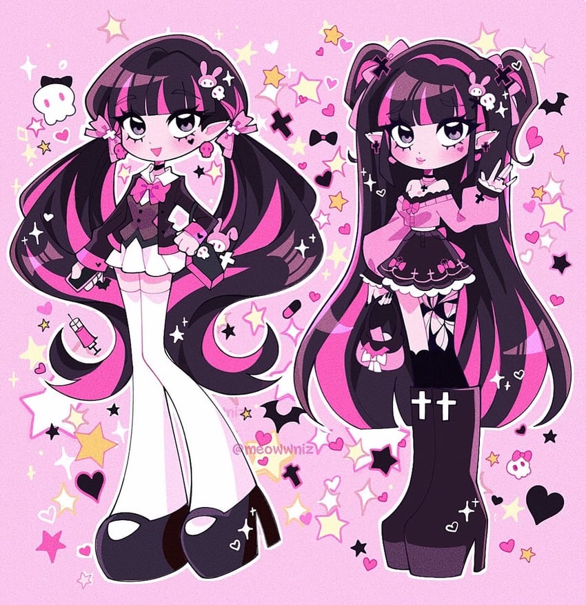my melody and draculaura (sanrio and 2 more) drawn by meowwniz