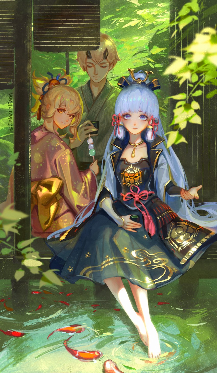 kamisato ayaka, yoimiya, and thoma (genshin impact) drawn by celestial_fang
