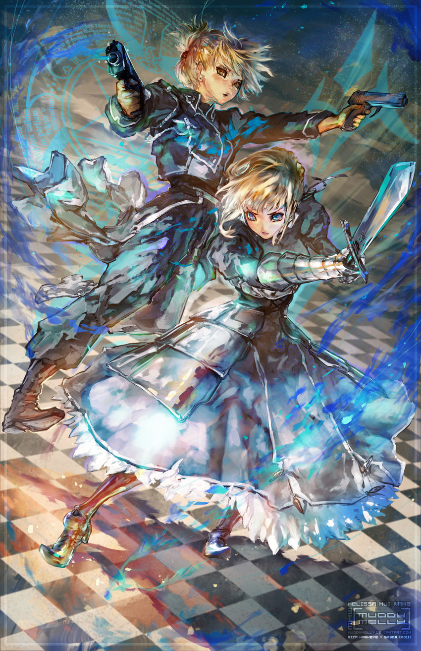artoria pendragon, saber, and riza hawkeye (fate and 3 more) drawn by melissa_hui_wang