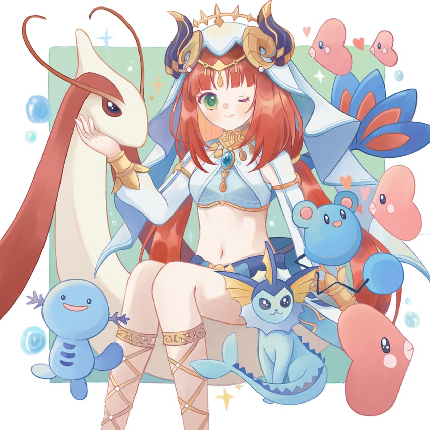 nilou, vaporeon, milotic, wooper, luvdisc, and 1 more (pokemon and 1 more) drawn by arri_(arrihare)
