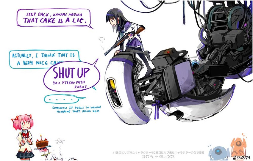 akemi homura, kaname madoka, kyubey, glados, atlas, and 1 more (mahou shoujo madoka magica and 3 more) drawn by silverxp