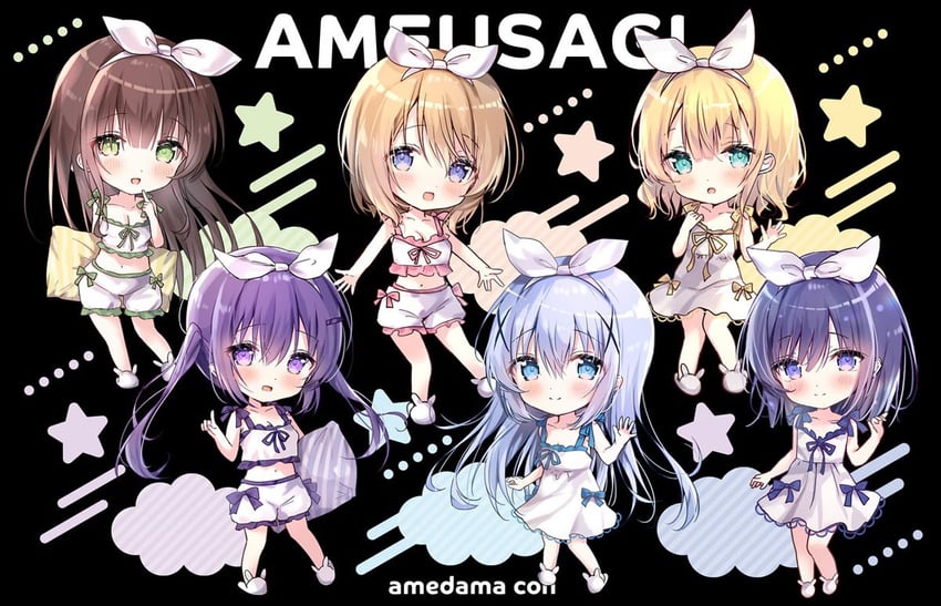 kafuu chino, hoto cocoa, kirima syaro, tedeza rize, ujimatsu chiya, and 1 more (gochuumon wa usagi desu ka?) drawn by amedamacon