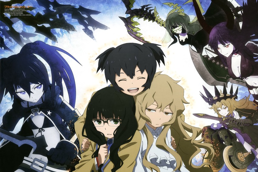 black rock shooter, dead master, black gold saw, kuroi mato, chariot, and 2 more (black rock shooter and 1 more) drawn by hirooka_gaku, imaishi_hiroyuki, kawaguchi_chisato, nakashima_kazuko, sai_madoka, sawamura_yukio, and yabe_hiroaki