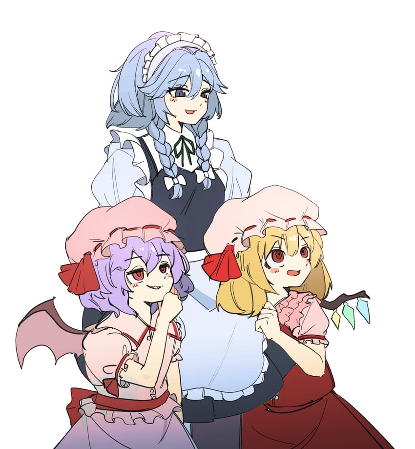 remilia scarlet, flandre scarlet, and izayoi sakuya (touhou) drawn by motaing