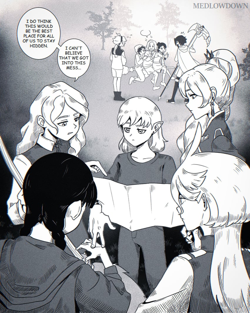 suletta mercury, miorine rembran, ruby rose, weiss schnee, kagari atsuko, and 6 more (gundam and 6 more) drawn by medlowdown
