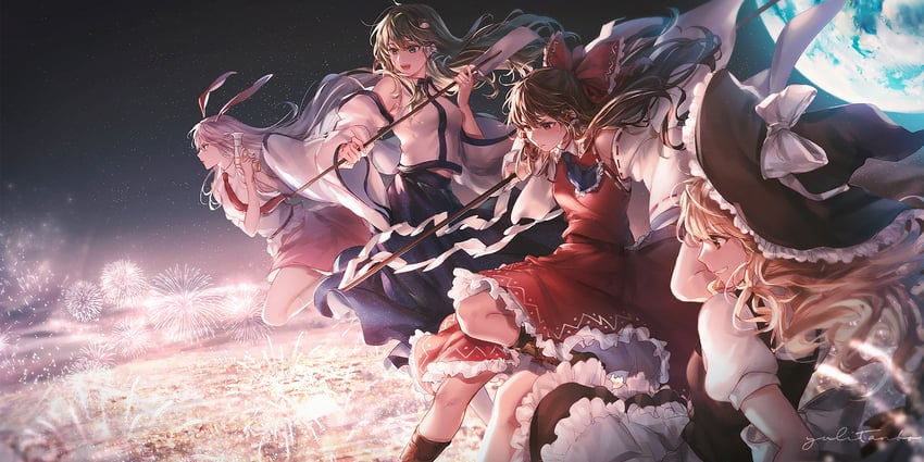 hakurei reimu, kirisame marisa, kochiya sanae, and reisen udongein inaba (touhou and 2 more) drawn by yuli_(yulipo)