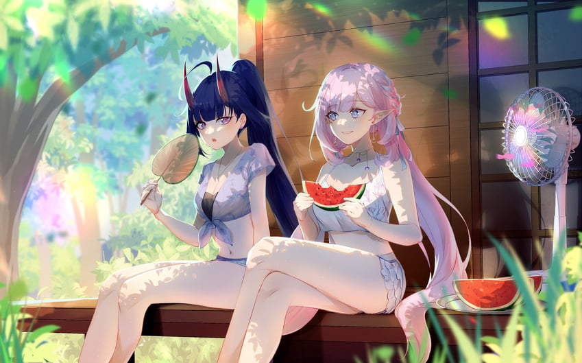 elysia and raiden mei (honkai and 1 more) drawn by meuwzza_(me_zwa)