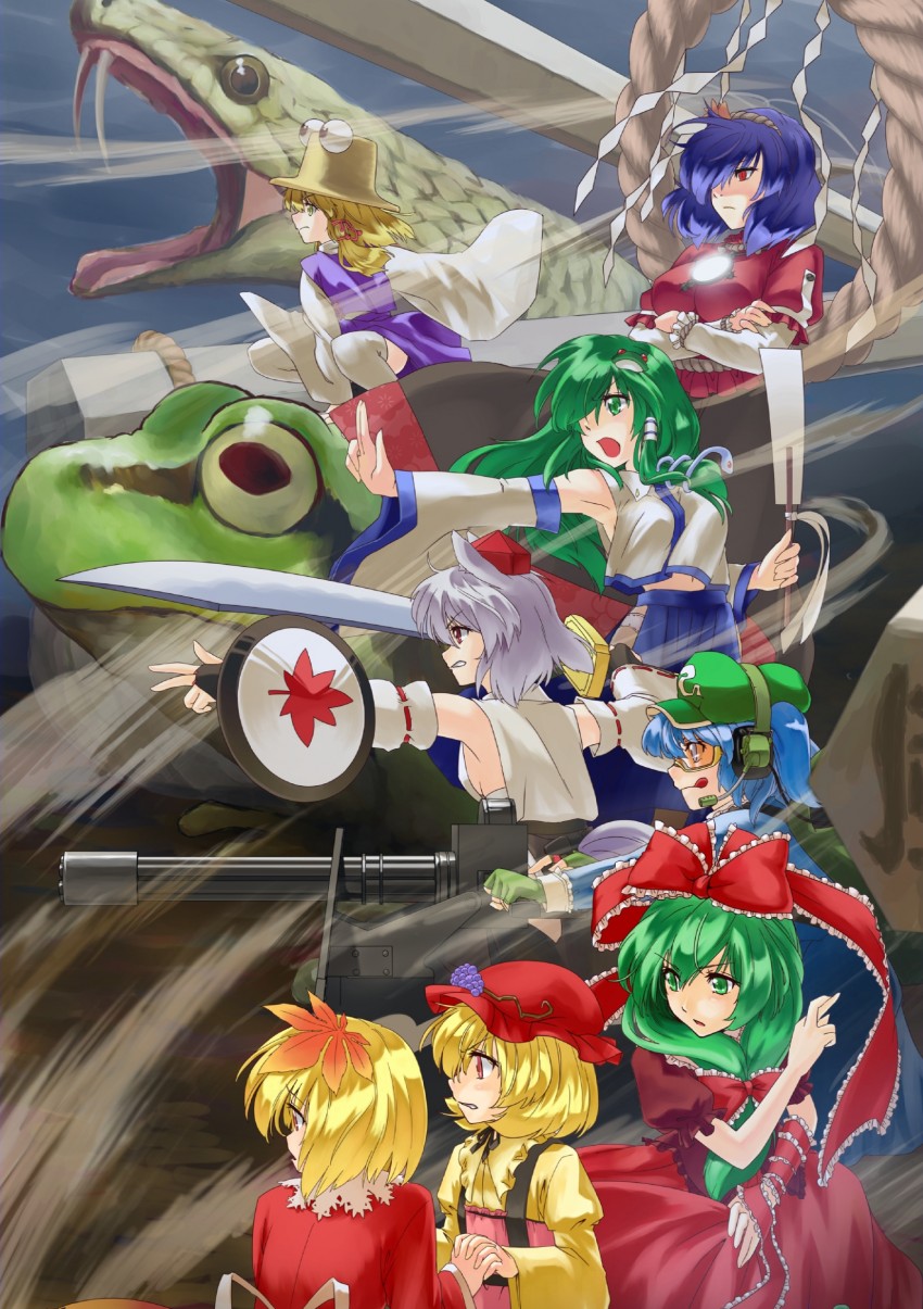 kochiya sanae, inubashiri momiji, moriya suwako, kawashiro nitori, yasaka kanako, and 3 more (touhou and 1 more) drawn by abo_(hechouchou)