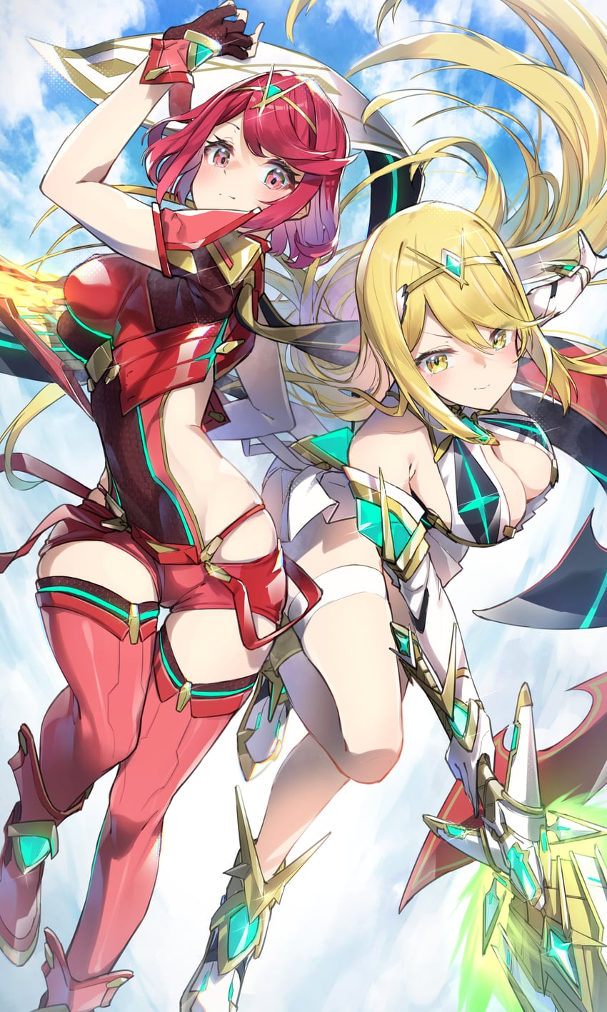 pyra and mythra (xenoblade chronicles and 1 more) drawn by hatsuga_(dmaigmai)