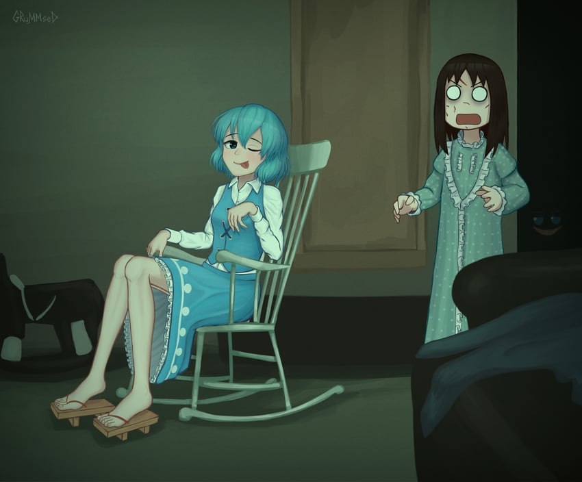 tatara kogasa, kasuga ayumu, and regan macneil (touhou and 2 more) drawn by grummsed
