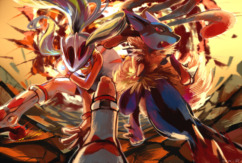 lucario, korrina, and mega lucario (pokemon and 1 more) drawn by skyloop19