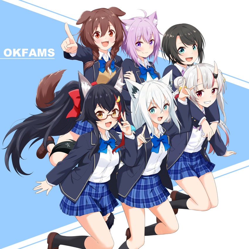 shirakami fubuki, nekomata okayu, ookami mio, oozora subaru, inugami korone, and 1 more (hololive) drawn by felutiahime