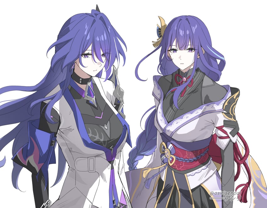 raiden shogun, acheron, and sawashiro miyuki (genshin impact and 3 more) drawn by asiri_senpai