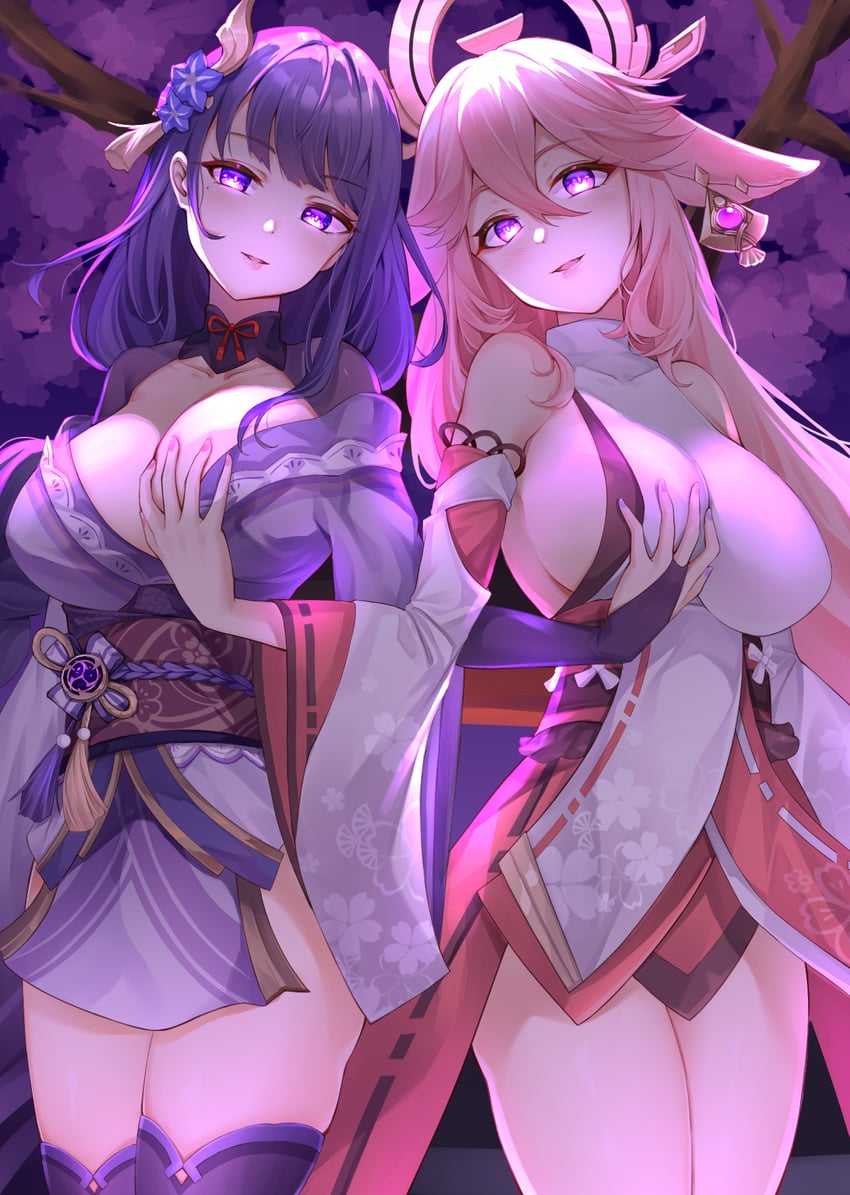 raiden shogun and yae miko (genshin impact) drawn by kanon_(sinto)