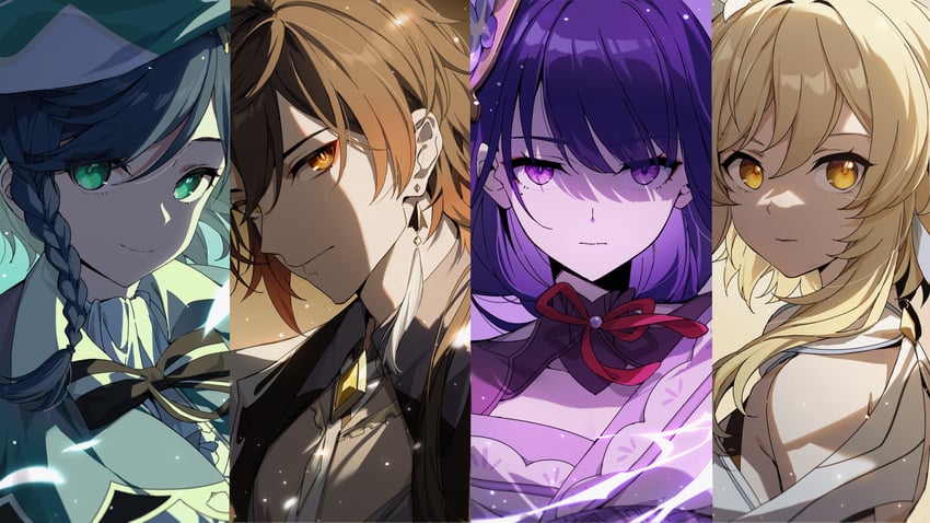 lumine, raiden shogun, zhongli, and venti (genshin impact) drawn by sylvia_(huajiuhuajiu)