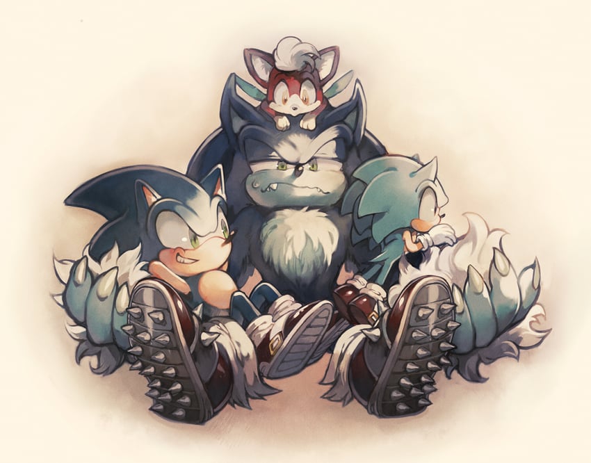 sonic the hedgehog, classic sonic, sonic the werehog, and chip (sonic and 1 more) drawn by aoki_(fumomo)