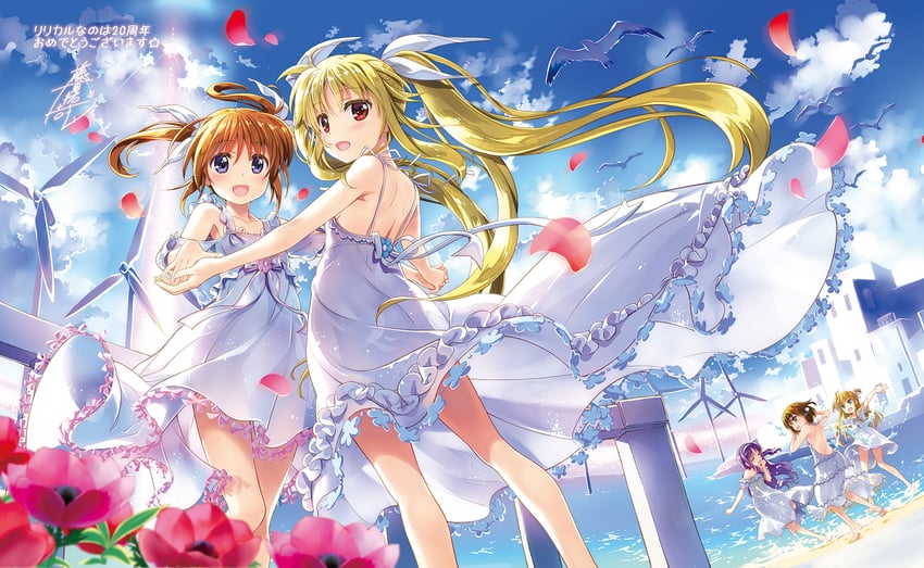 fate testarossa, takamachi nanoha, yagami hayate, arisa bunnings, and tsukimura suzuka (lyrical nanoha and 2 more) drawn by fujima_takuya