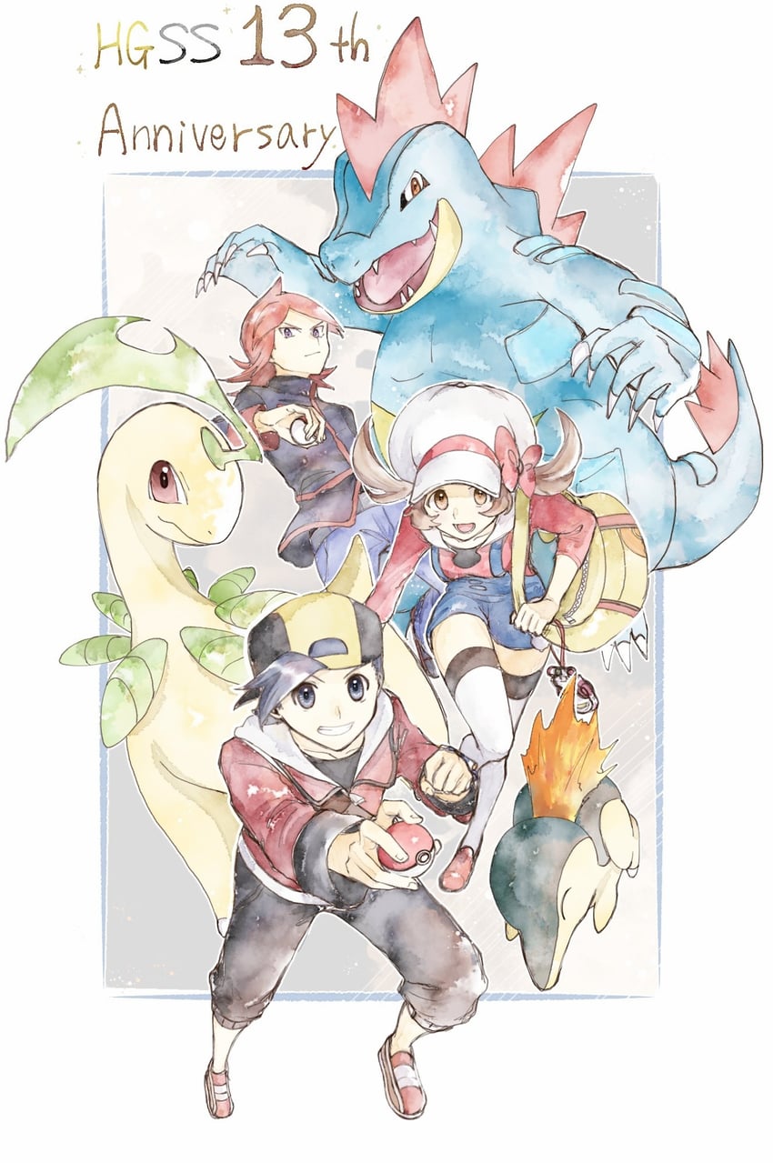 ethan, lyra, silver, cyndaquil, feraligatr, and 1 more (pokemon and 1 more) drawn by asuka_rkgk