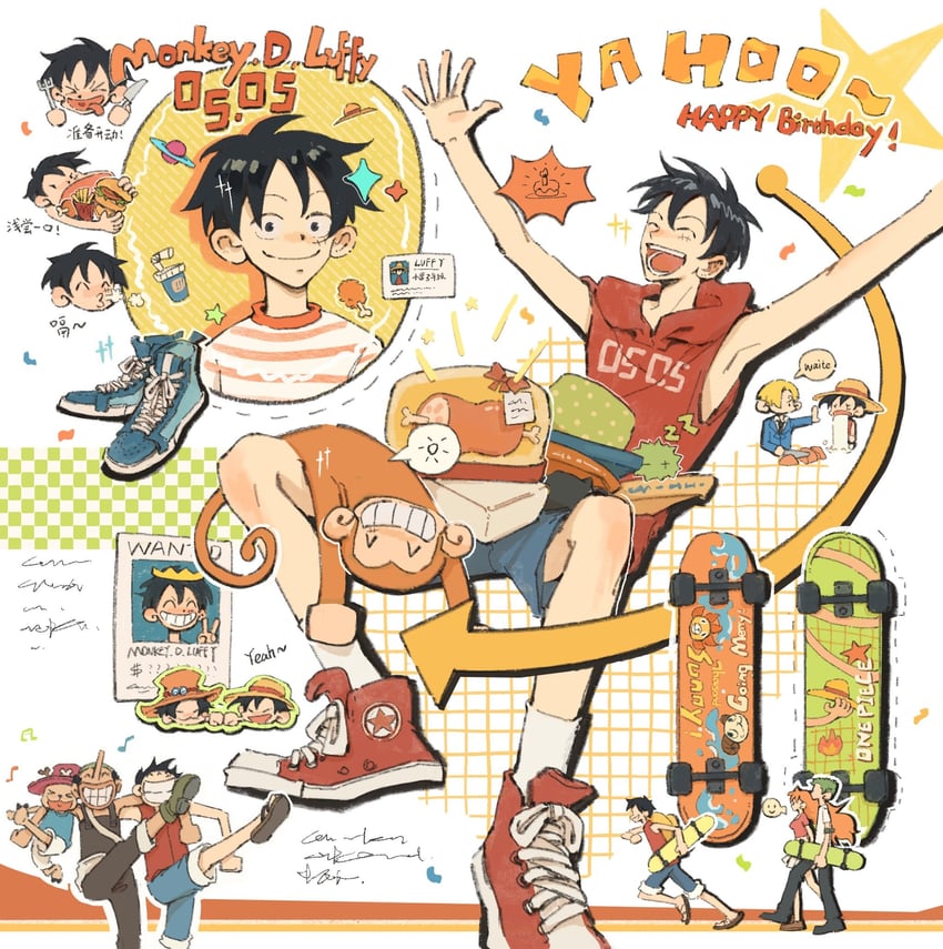 nami, monkey d. luffy, roronoa zoro, sanji, tony tony chopper, and 2 more (one piece) drawn by demee_qoq