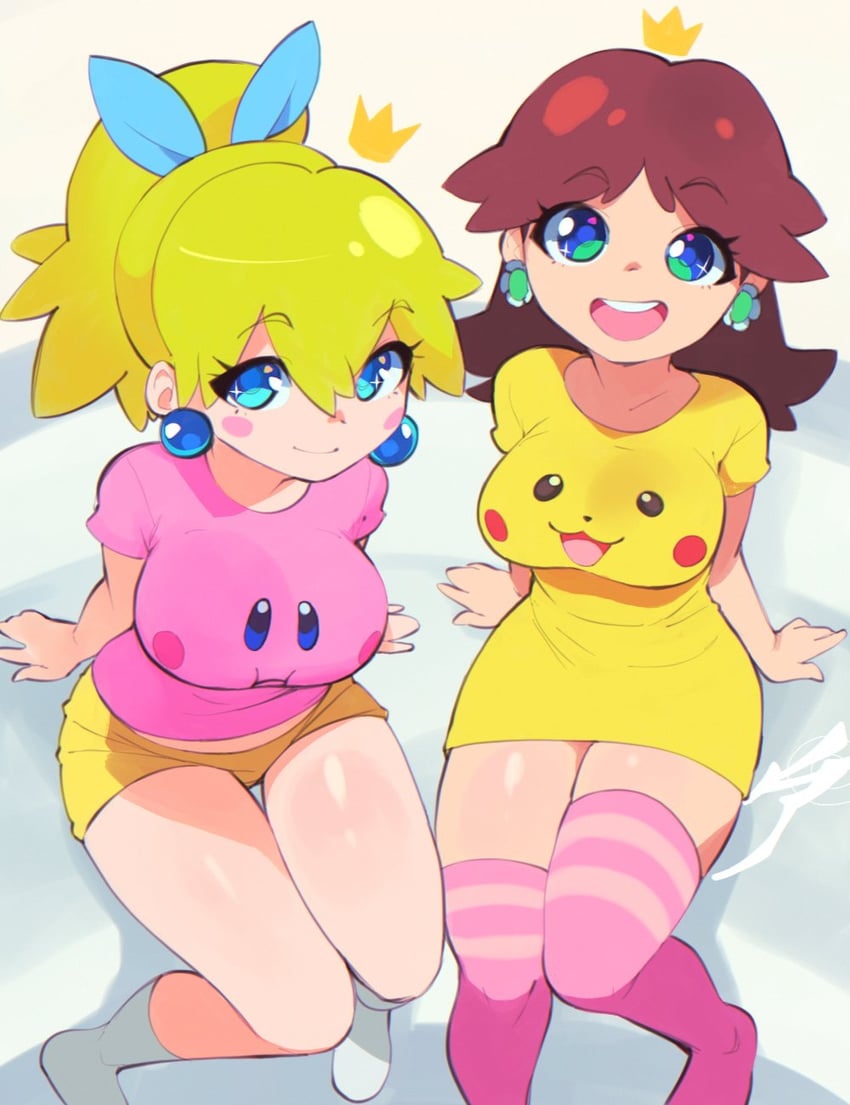 pikachu, kirby, princess peach, and princess daisy (pokemon and 2 more) drawn by aetherion
