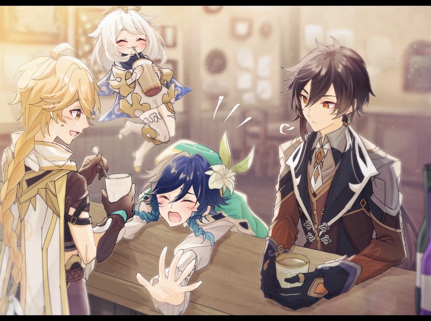 aether, zhongli, venti, and paimon (genshin impact) drawn by mizuamememe