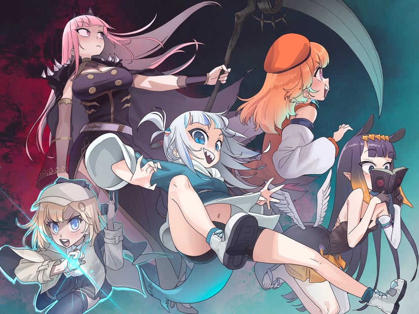 gawr gura, mori calliope, ninomae ina'nis, takanashi kiara, watson amelia, and 1 more (hololive and 1 more) drawn by zedd_(zedgawr)
