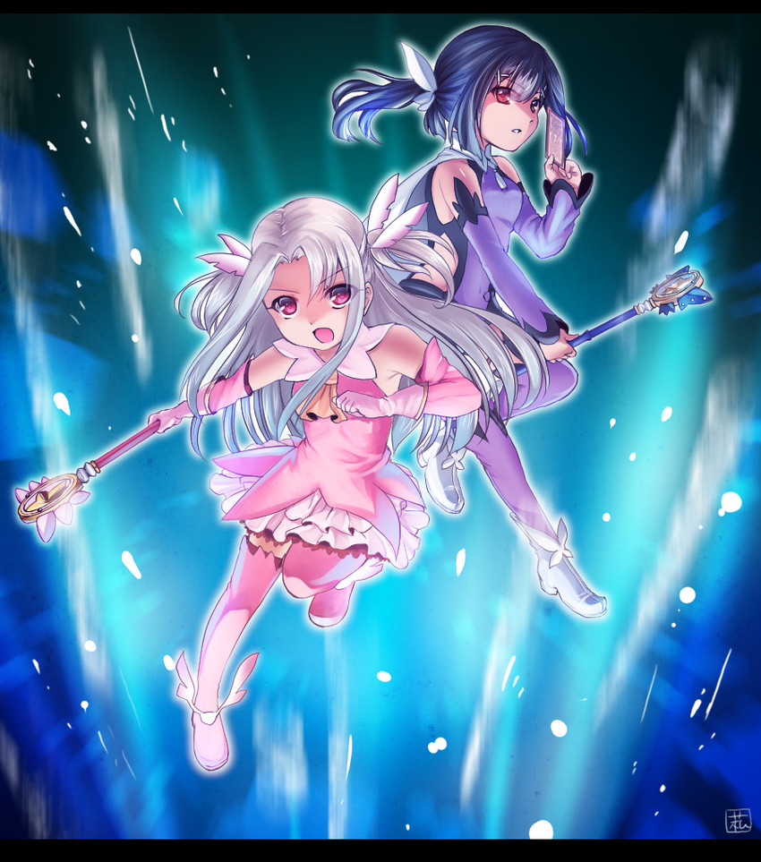 illyasviel von einzbern, miyu edelfelt, prisma illya, magical ruby, and magical sapphire (fate and 1 more) drawn by yasuo_(torinikukani)