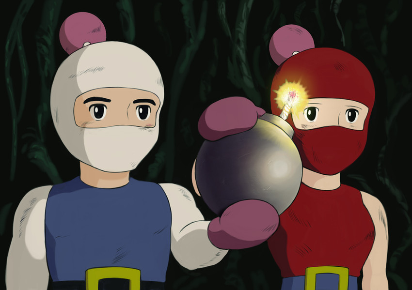 sheeta, white bomberman, and pazu (tenkuu no shiro laputa and 1 more) drawn by sakkan