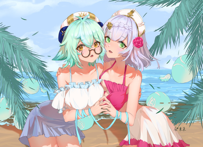 slime, noelle, sucrose, and anemo slime (genshin impact) drawn by ai_dongdong