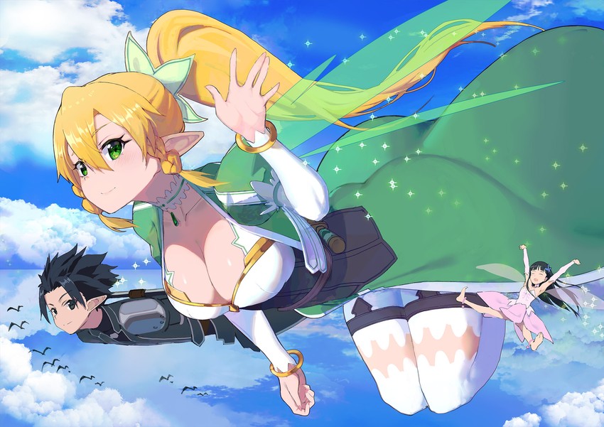 kirito, leafa, and yui (sword art online) drawn by tsuchino_(tigersaber)