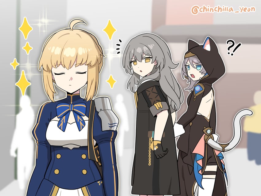 artoria pendragon, saber, trailblazer, stelle, and cipher (fate and 3 more) drawn by ooyun