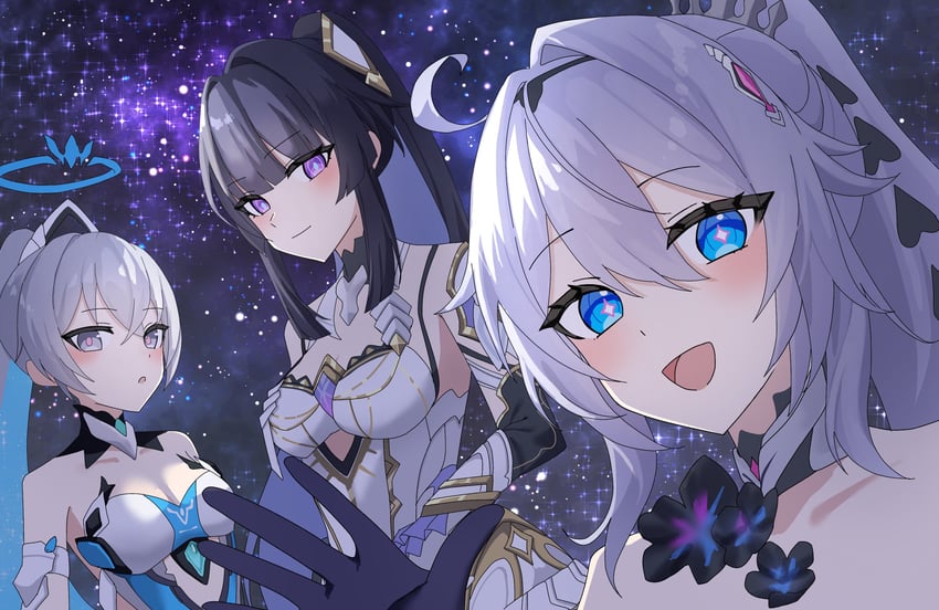 kiana kaslana, raiden mei, and bronya zaychik (honkai and 1 more) drawn by h2o_omizu