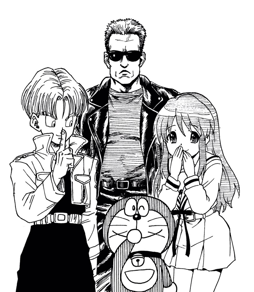 asahina mikuru, trunks, doraemon, t-800, and arnold schwarzenegger (dragon ball and 5 more) drawn by lee_(dragon_garou)