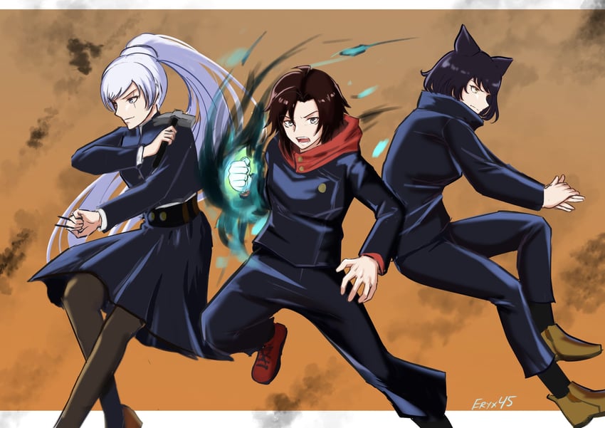 ruby rose, weiss schnee, itadori yuuji, fushiguro megumi, blake belladonna, and 1 more (jujutsu kaisen and 1 more) drawn by eryx45