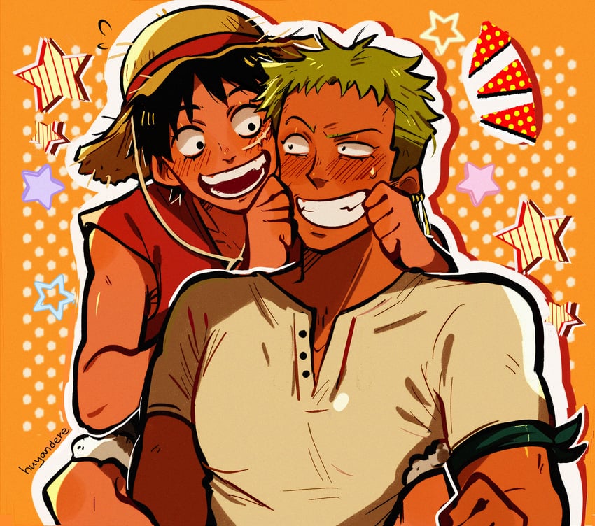 monkey d. luffy and roronoa zoro (one piece) drawn by huyandere