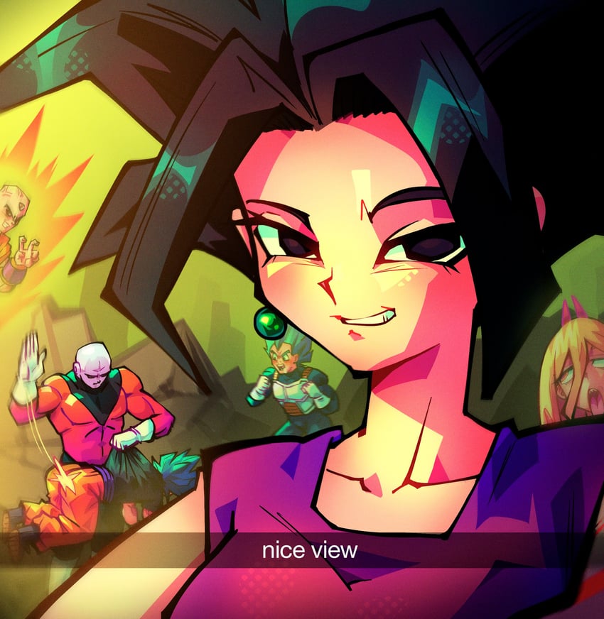 son goku, power, vegeta, kefla, tenshinhan, and 1 more (chainsaw man and 2 more) drawn by alpharecdyt