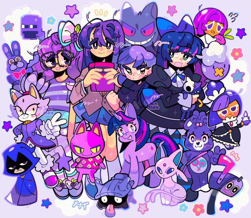 stocking, gengar, espeon, blaze the cat, raven, and 14 more (pokemon and 17 more) drawn by jack0ran