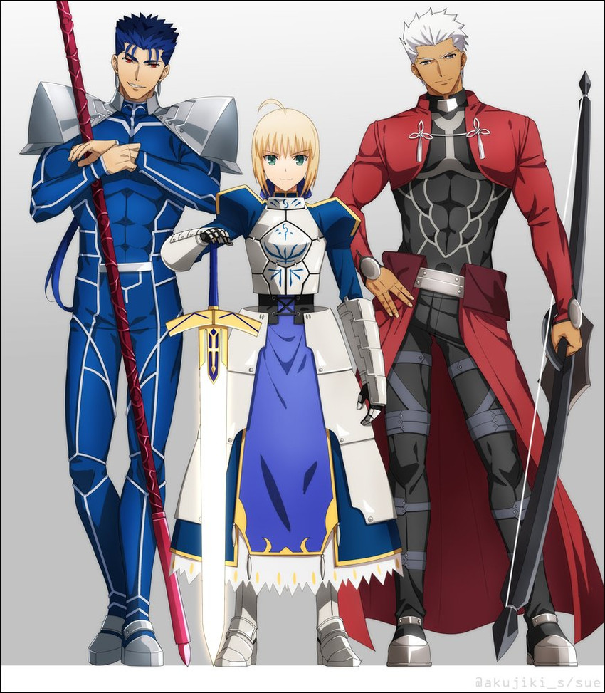 artoria pendragon, saber, cu chulainn, and archer (fate and 2 more) drawn by akujiki59