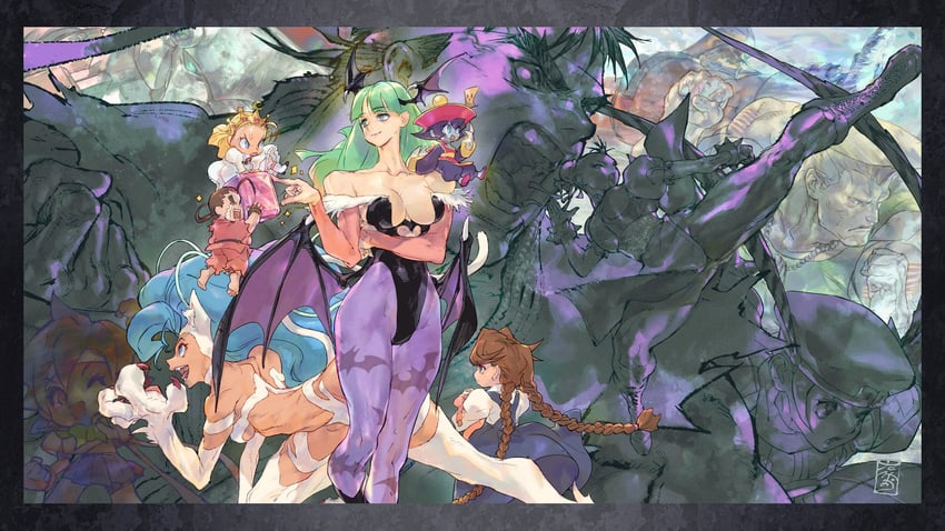 chun-li, morrigan aensland, ryu, felicia, kasugano sakura, and 4 more (street fighter and 2 more) drawn by tamio