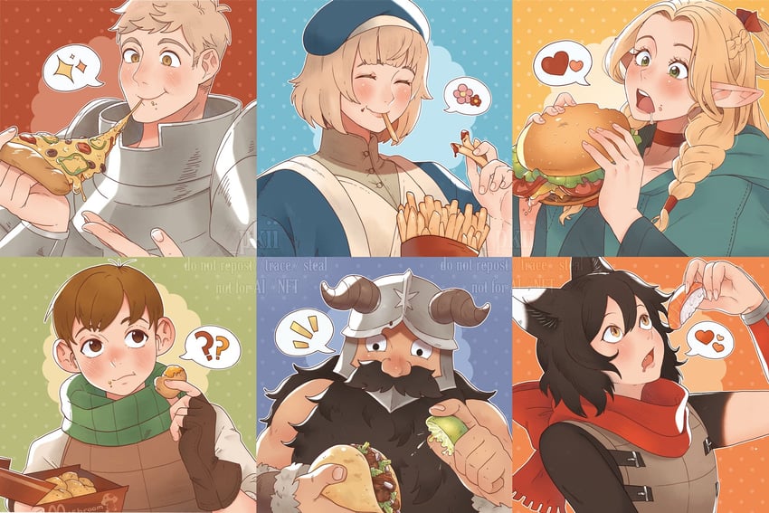 marcille donato, falin touden, laios touden, senshi, chilchuck tims, and 1 more (dungeon meshi and 1 more) drawn by pkii